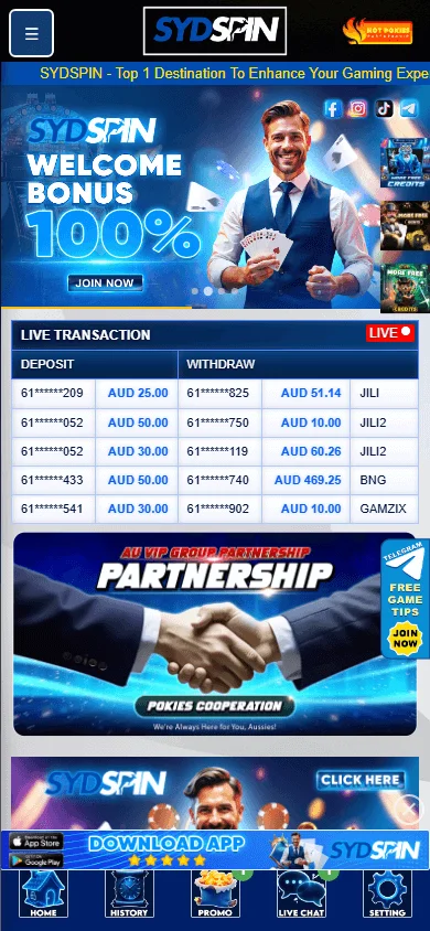 Sydspin Casino mobile games area with casino game categories