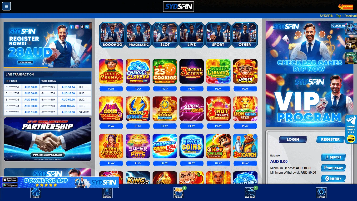 Sydspin Casino desktop home view with AUD casino account features