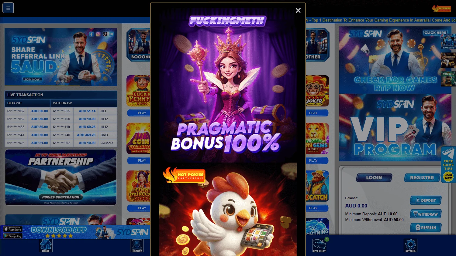 Sydspin Casino desktop games area with casino and live game options