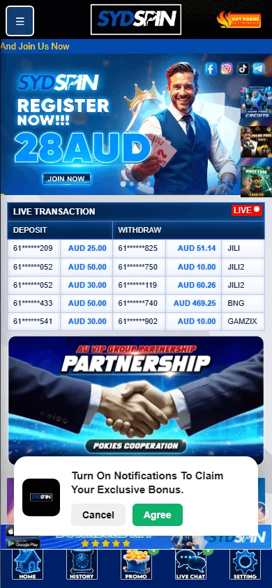 Sydspin Casino mobile home view for Australian players